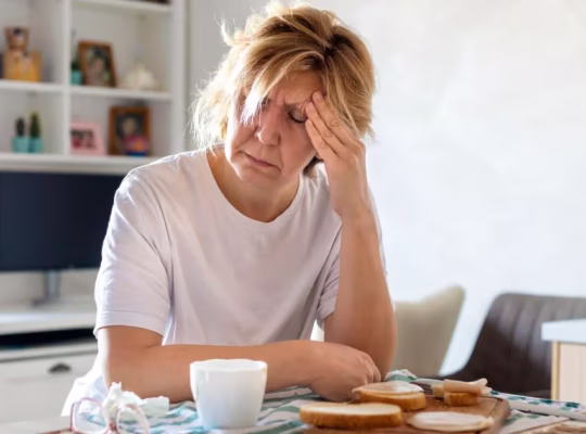 Woman feeling tired while sitting at kitchen table